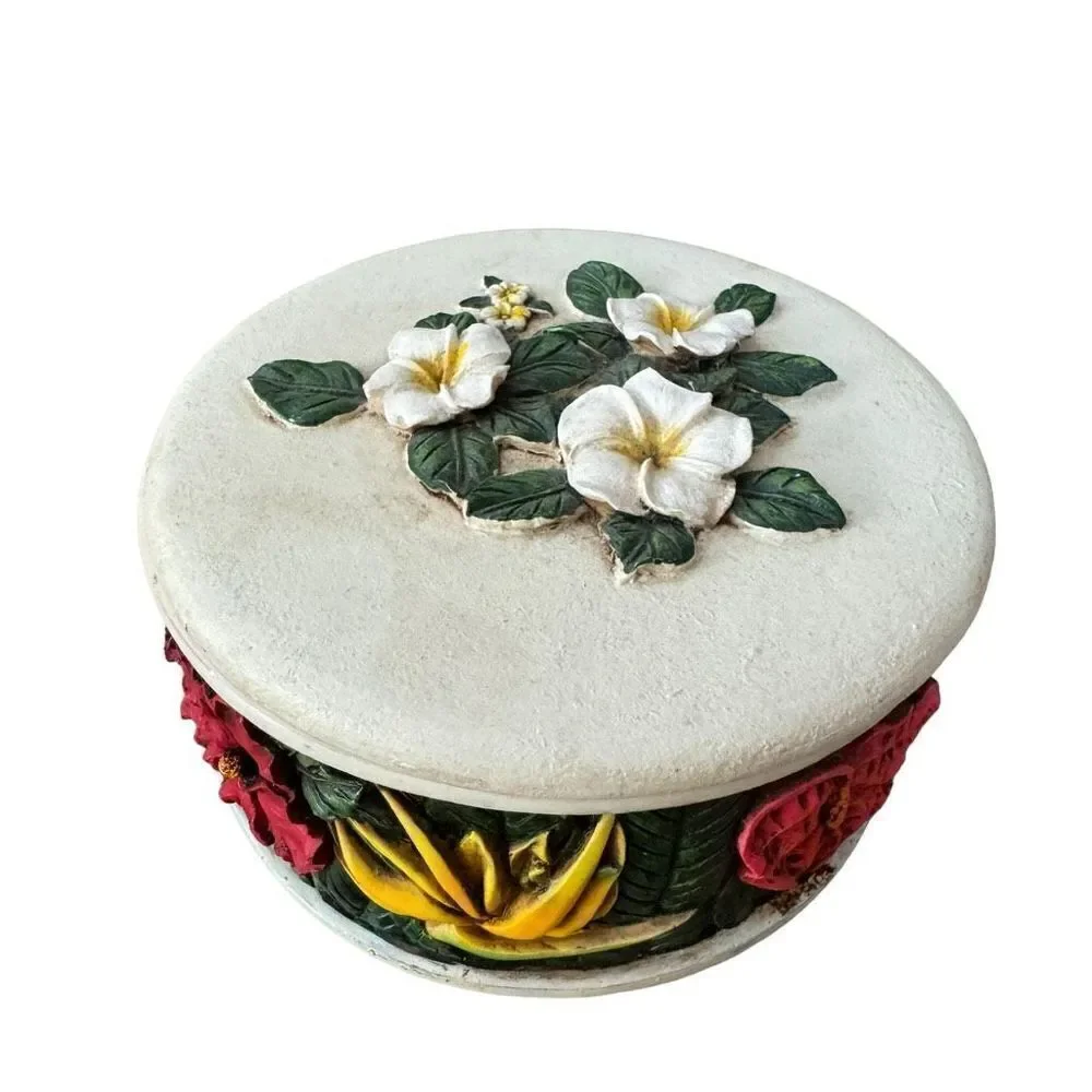 KC Company LTD Hawaiian flowers 3D design ceramic jewelry trinket box 4”